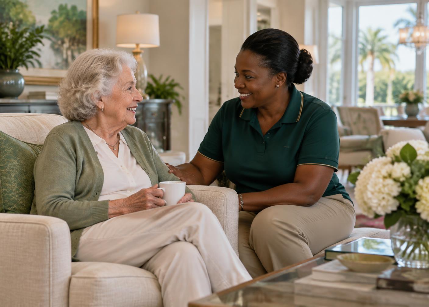 A senior enjoying companionship with an Aureum caregiver at home