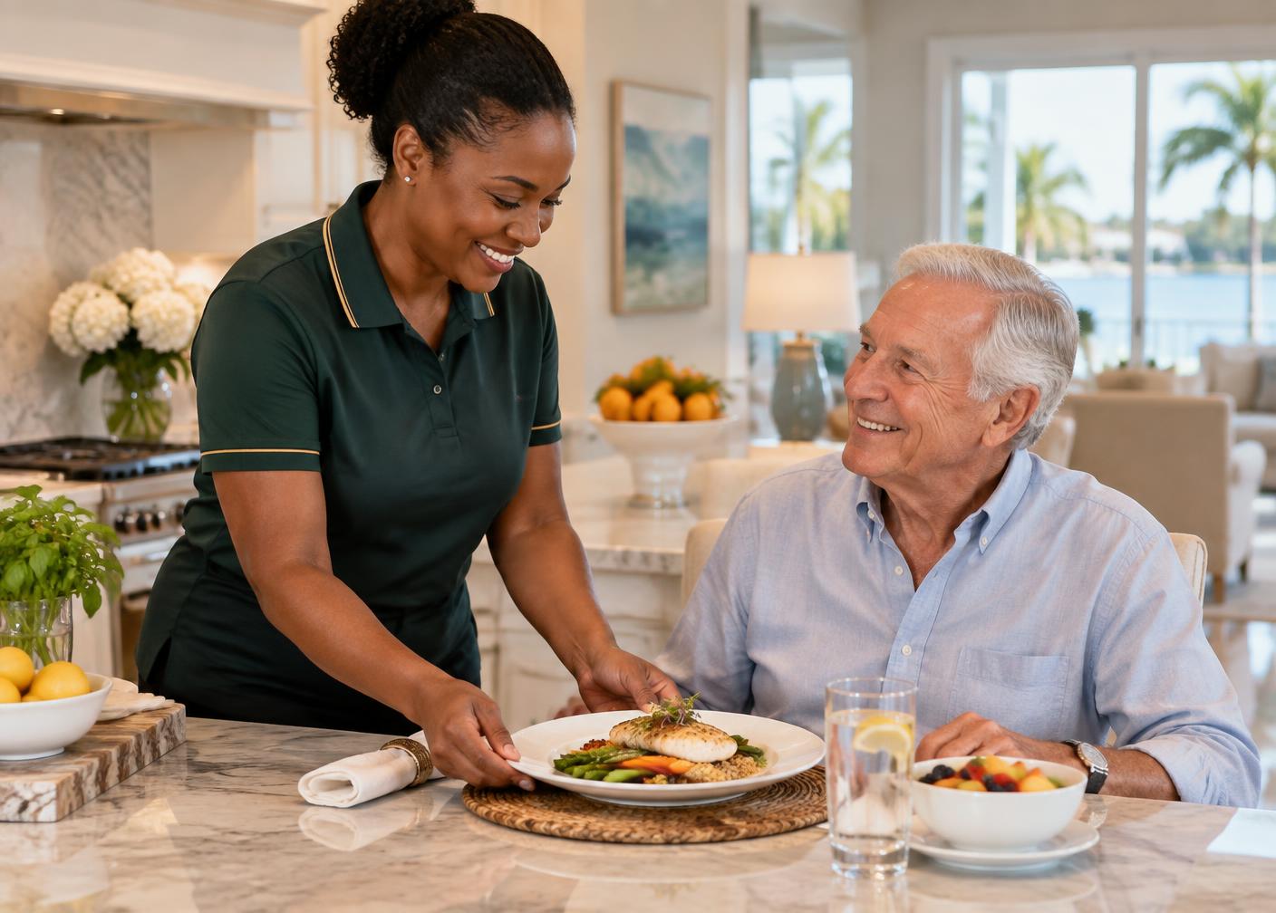 An Aureum caregiver serving a chef-inspired meal at home