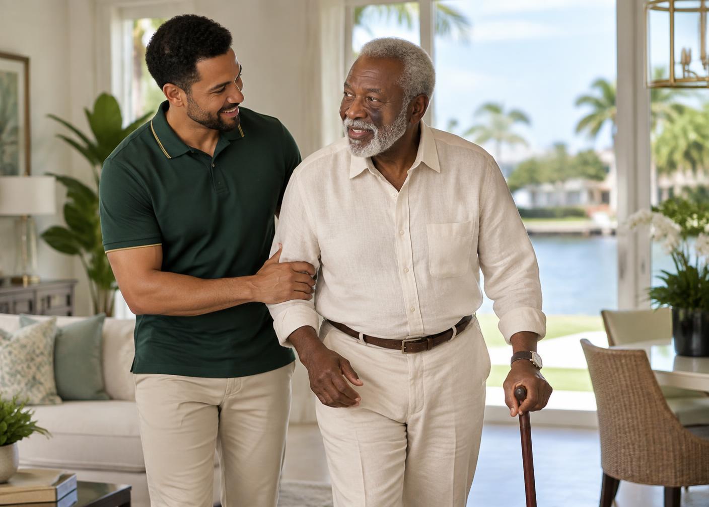 A caregiver offering safe mobility support to a senior at home