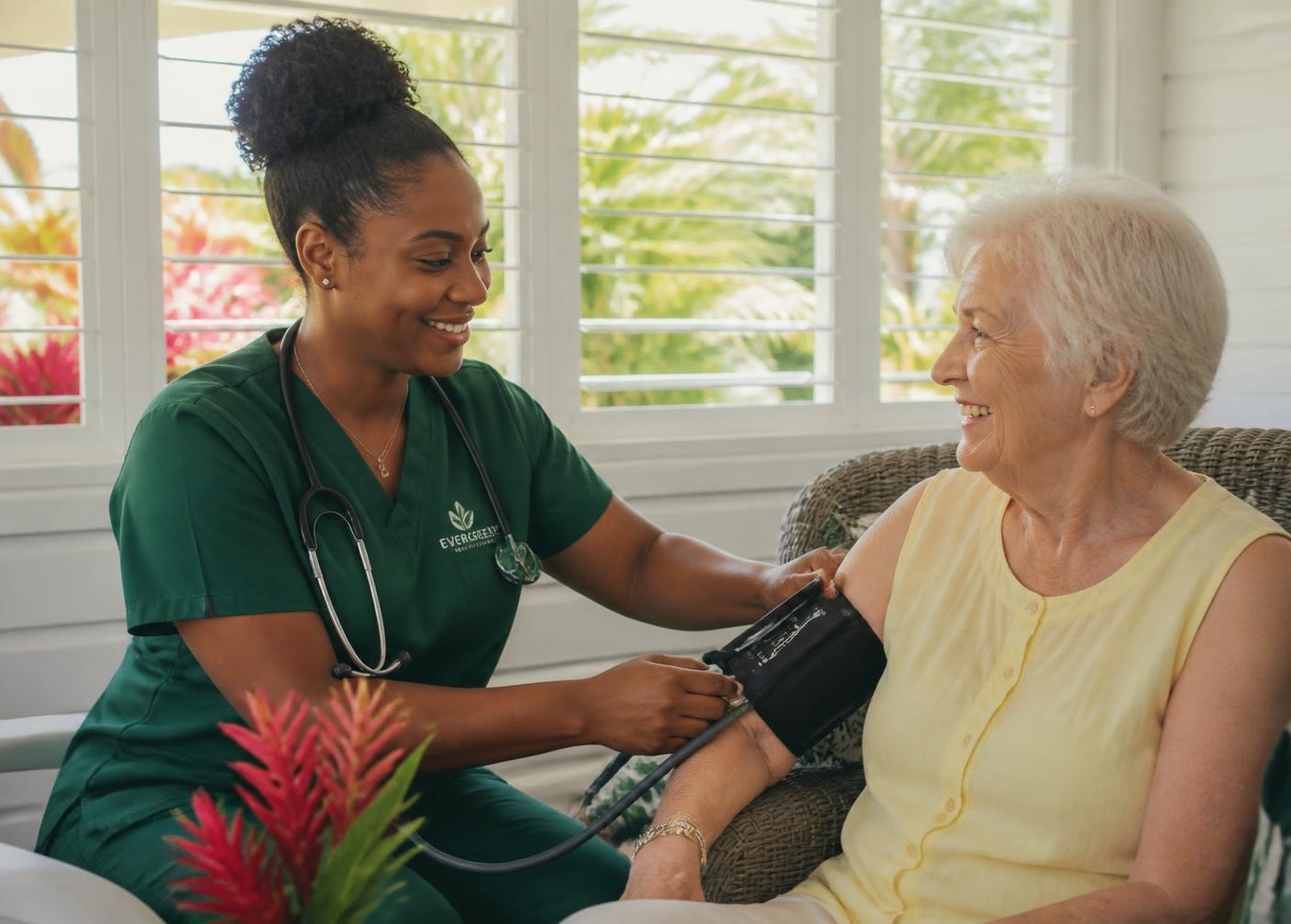 A nurse providing a wellness check in a senior's home